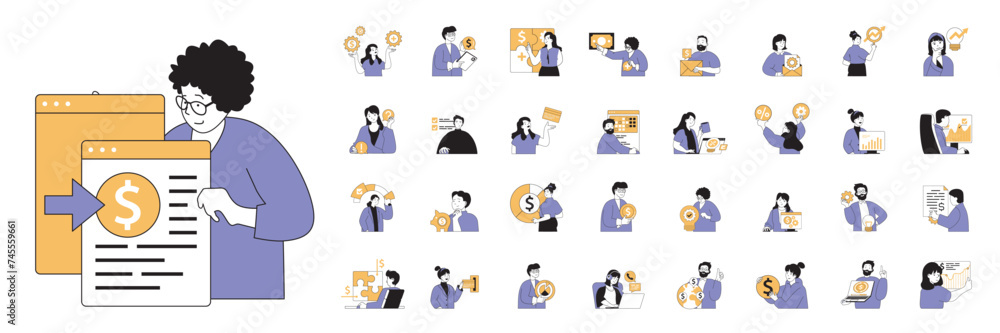 Poster business and finance concept with character situations mega set in flat web design. bundle of scenes