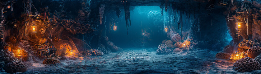 A vampire's lair within a coral cave, lit by bioluminescent steampunk lanterns