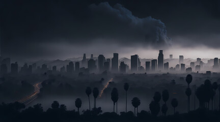Los Angeles skyline shrouded in smoke and fog from raging forest fires in nearby areas, affecting downtown LA and Hollywood, creating a tense and hazardous atmosphere across the city