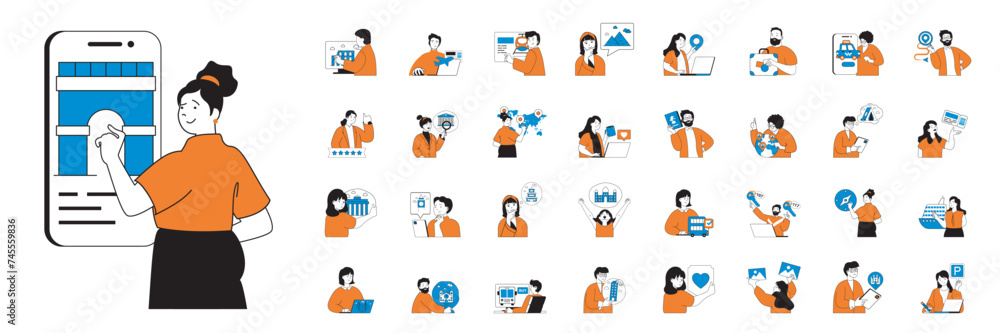 Poster travel concept with character situations mega set in flat web design. bundle of scenes people planni