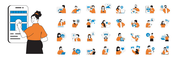 Travel concept with character situations mega set in flat web design. Bundle of scenes people planning trip online, booking tickets, go in vacation with sightseeing excursions. Vector illustrations. © alexdndz
