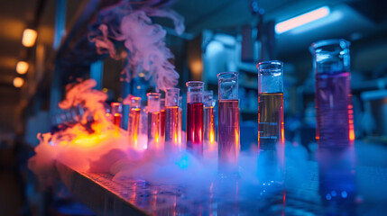 Eerie glow of chemical reactions in a lab, with no one there to witness