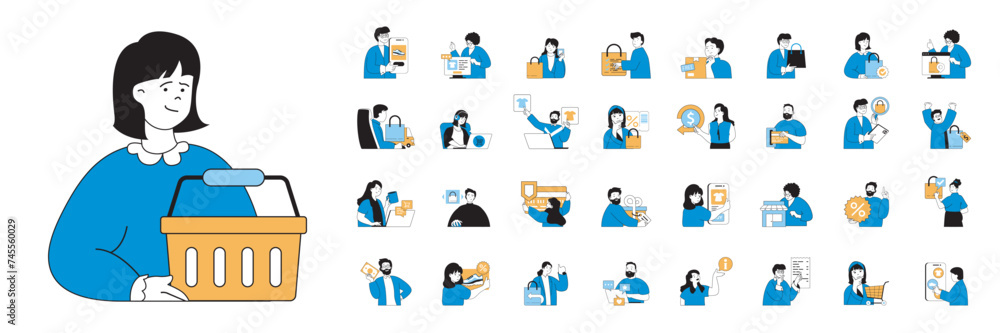 Aufkleber shopping concept with character situations mega set in flat web design. bundle of scenes people maki