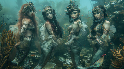 Gothic mermaids with steampunk tails, hiding in the shadows of a coral reef
