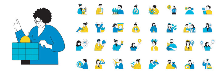 Ecology concept with character situations mega set in flat web design. Bundle of scenes people using alternative energy sources, saving planet and nature, recycling waste. Vector illustrations.
