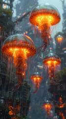 Steampunk jellyfish with eerie lights, floating in a vampire's coral domain