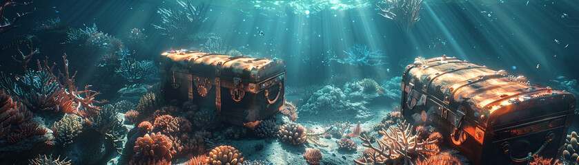 Steampunk treasure chests, surrounded by vampire corals, on a ghost shipwreck - obrazy, fototapety, plakaty