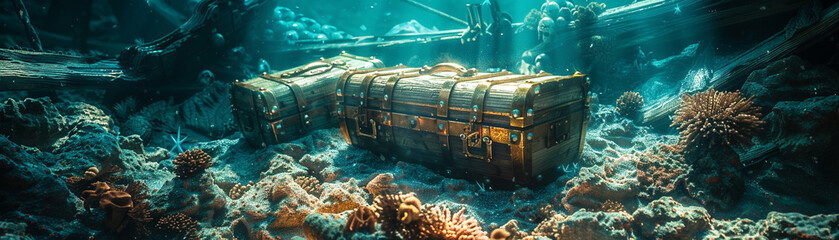 Steampunk treasure chests, surrounded by vampire corals, on a ghost shipwreck - obrazy, fototapety, plakaty