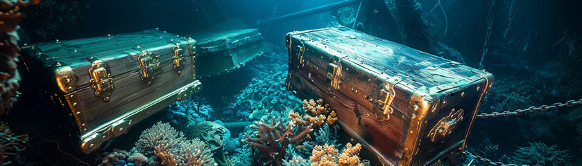 Steampunk treasure chests, surrounded by vampire corals, on a ghost shipwreck - obrazy, fototapety, plakaty