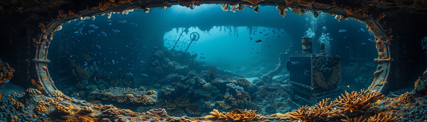 Fototapeta na wymiar Underwater steampunk observatory, studying vampire corals under a dark star