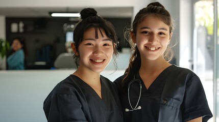 Two young female doctors smile in the wards