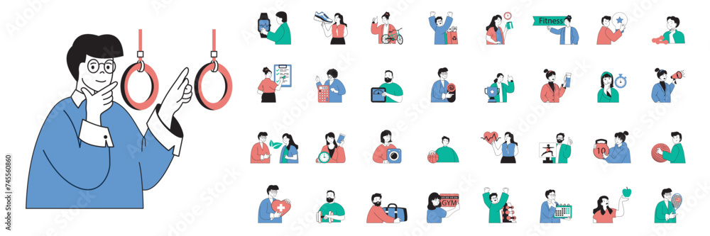 Poster fitness concept with character situations mega set in flat web design. bundle of scenes people runni