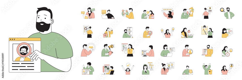 Aufkleber Recruitment concept with character situations mega set in flat web design. Bundle of scenes people finding candidates, searching cv applicants, hiring new employees in office. Vector illustrations.