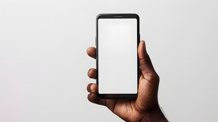 A black hand holding mobile cell phone with blank screen for mockup design prototype isolated on a white background	