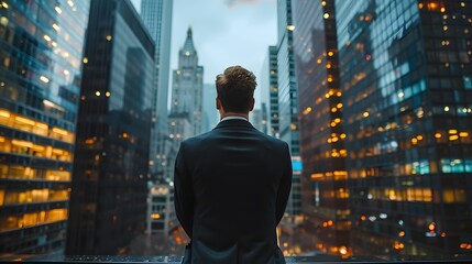 Young business man looks out at the future of his career in the city - obrazy, fototapety, plakaty