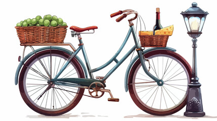 Fototapeta na wymiar Vintage Bike With Wine and Cheese on Streetlight Isolated