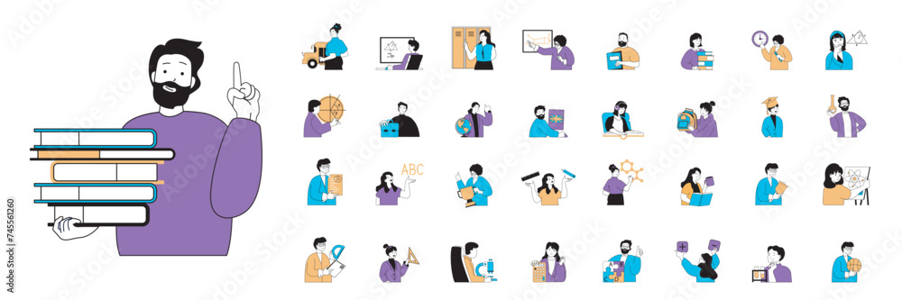 Poster School learning concept with character situations mega set in flat web design. Bundle of scenes people studying lessons and doing homework, students get courses and tutorials. Vector illustrations.