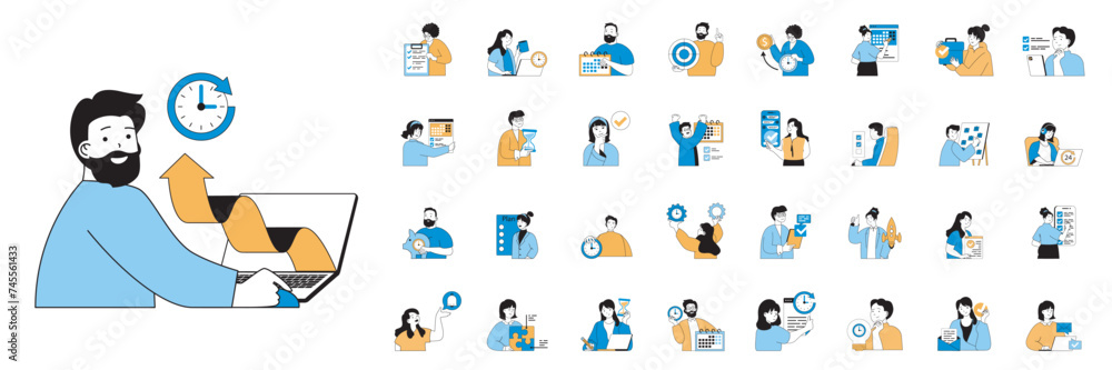 Poster Time management concept with character situations mega set in flat web design. Bundle of scenes people scheduling tasks, making organization of job project, efficiency work time. Vector illustrations.