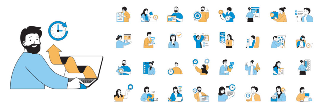 Time management concept with character situations mega set in flat web design. Bundle of scenes people scheduling tasks, making organization of job project, efficiency work time. Vector illustrations.