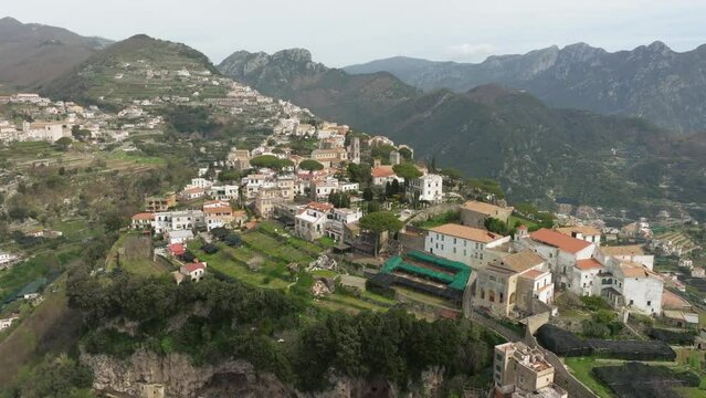 Ravello, italy with mountain backdrop in daylight, aerial view