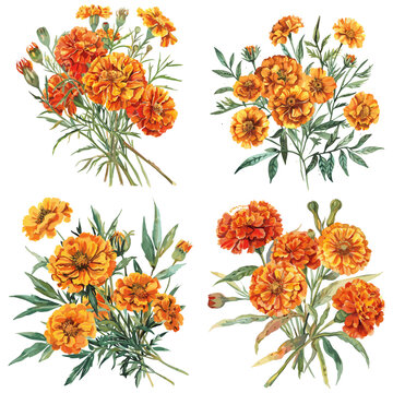 Set of watercolor Marigold Flower isolated on white background