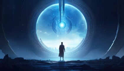 Fototapeta na wymiar sci-fi concept showing a man standing at the futuristic portal
