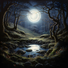 Secret forest Celtic fairy ring bathed in the moonlight
