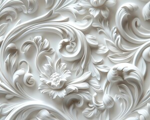 Exhibiting intricate design and luxurious texture, a detailed close-up reveals a white floral relief pattern adorning wallpaper, capturing the beauty of fine craftsmanship.
