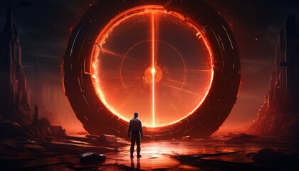 sci-fi concept showing a man standing at the futuristic portal