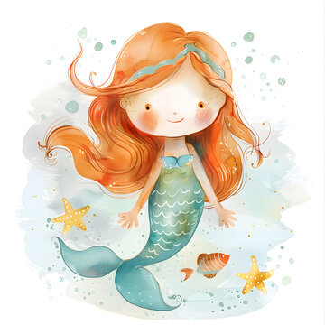 Cute whimsical watercolor mermaid