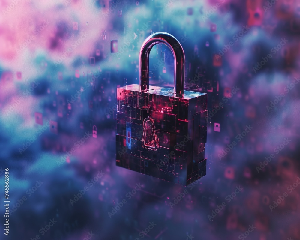 Poster unique portrayal of a digital padlock floating in an abstract cyber space