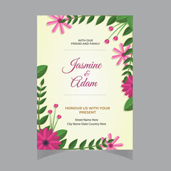 Fototapeta na wymiar Watercolor Pink Spring Flowers and Leaves with Pink Striped Background, Wedding Invitation Template Set. Table Number&Thank You Labels, Invitation Card, Save The Date Card, R.S.V.P. Card and Menu.
