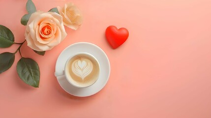 Coffee with Heart Foam and Single Rose on Pink Background with Copy Space - Romantic Valentine’s Day Concept; Flat Lay Style; Cozy Romance Theme; Café Advertising, Festive Cards