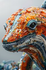 Mechanical sea dolphin creatures composed entirely of recycled plastic parts bringing awareness to the issue of pollution - obrazy, fototapety, plakaty