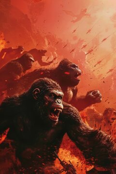 An epic battle apes with cybernetic enhancements clashing with heavily armed human soldiers under a red apocalyptic sky
