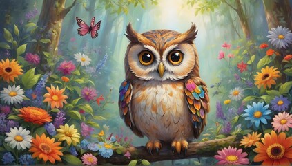 A whimsical owl with a bright, cheerful expression, surrounded by a vibrant array of flowers and plants in a peaceful forest setting, radiating pure joy and contentment.