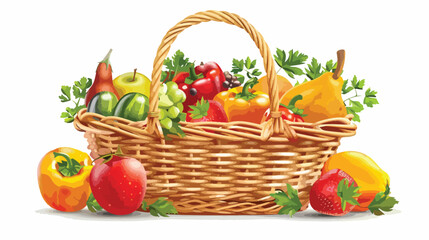 Wicker Basket With Fruit and Vegetables Isolated on