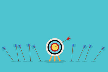 Business challenge failure and success concept. Blue arrows missed hitting target and only red one hits the center. Vector illustration.