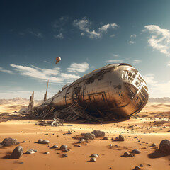 Spaceship crash landing on a desert planet - obrazy, fototapety, plakaty