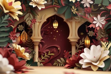 Arabic lanterns with flowers and leaves on a red background