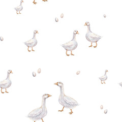 Watercolor seamless pattern with goose and quail eggs. Repiat pattern pastel color. Tender watercolor hand drawn illustration on a isolated on background. Domestic cute farm bird. For Easter design.