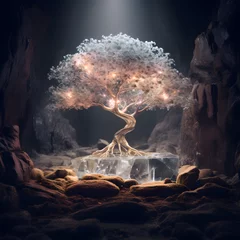Gordijnen Shining glowing bonsai tree growing in the cave hope of life © siangphong