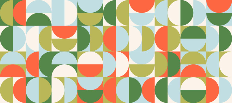 Bright semicircle seamless pattern. Abstract geometric half circle and square background. Color Swiss modernism or postmodernism style wallpaper. Vector orange, blue, green modular repeating backdrop