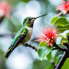 Nature's Jewel: A Close-Up of a Green Hummingbird Beside a Tree