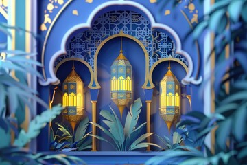 Ramadan Kareem blue background with arabic lanterns