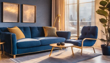 modern living room, modern living interior, Dark blue sofa and recliner chair in scandinavian apartment. Interior design of modern living room, Ai Generate 