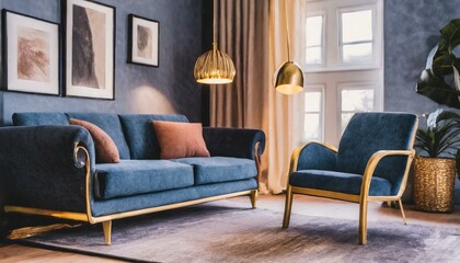 living room interior with sofa, modern living interior, Dark blue sofa and recliner chair in scandinavian apartment. Interior design of modern living room, Ai Generate 
