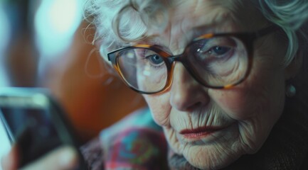 close-up of an elderly woman with silver hair and glasses, intently looking at a smartphone. The focus and clarity in her eyes show engagement and familiarity with the technology. 