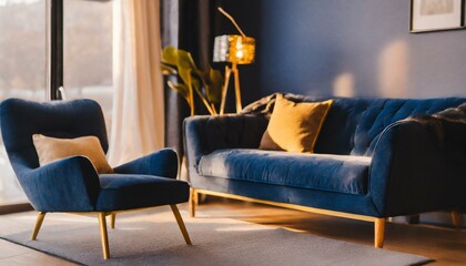 modern living interior, Dark blue sofa and recliner chair in scandinavian apartment. Interior design of modern living room, Ai Generate 