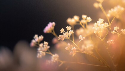 flowers in the wind, a soft black gradient background with a bunch of tiny fragile thin gypsophila flowers in the lower right corner, Ai Generate 